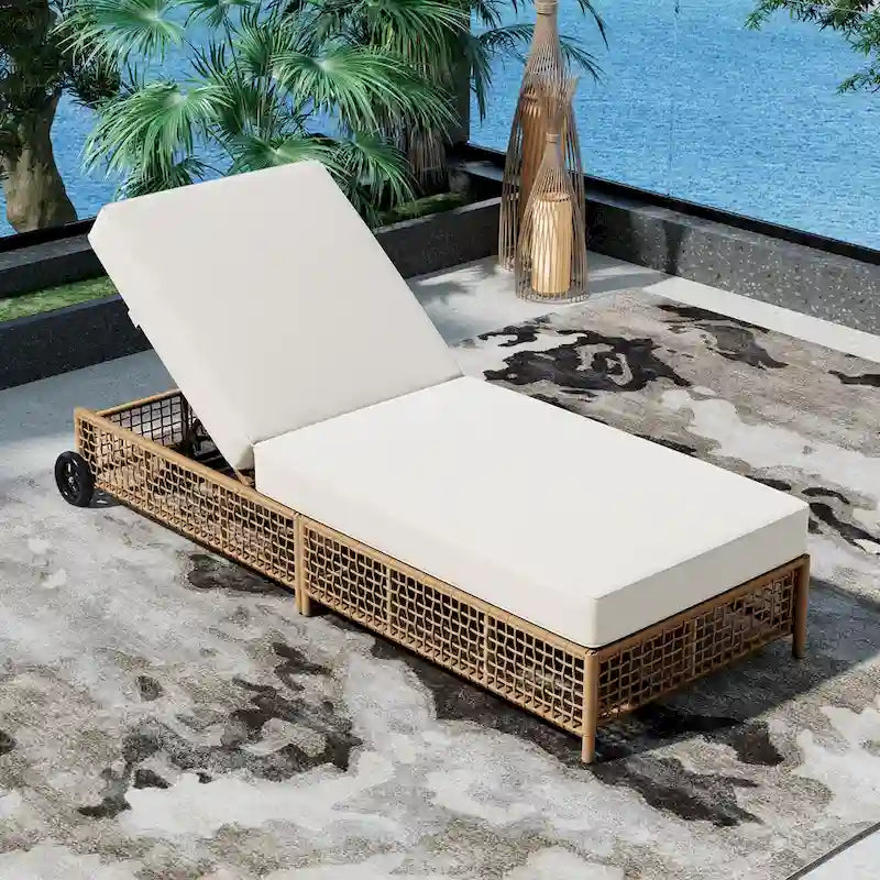 5-Position Rattan Patio Lounge Chair with Wheels, Cushion for Backyard
