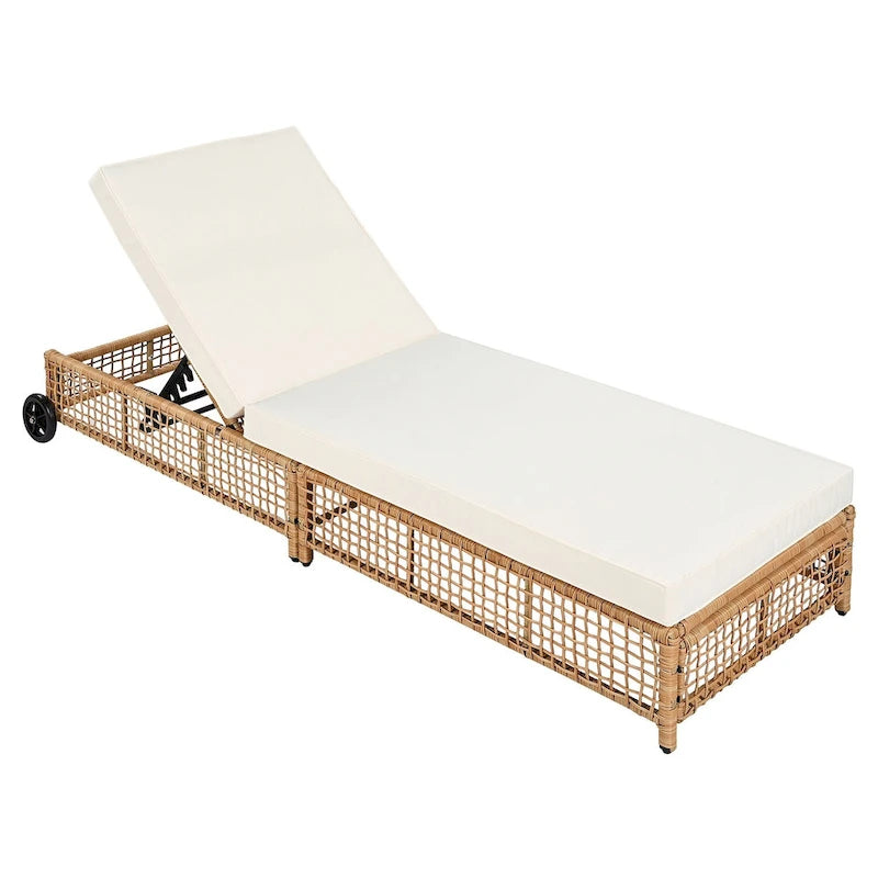 5-Position Rattan Patio Lounge Chair with Wheels, Cushion for Backyard