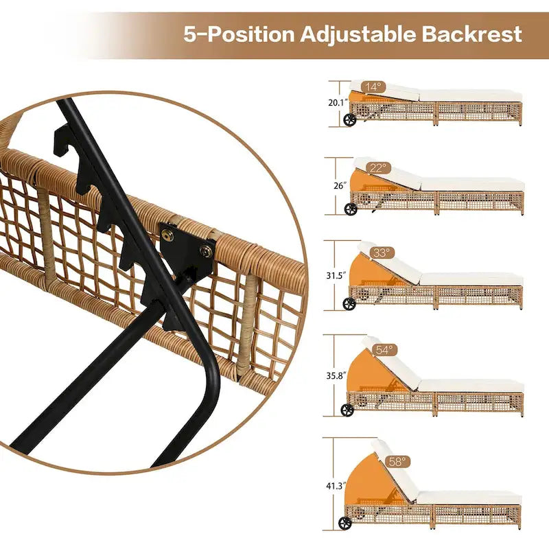 5-Position Rattan Patio Lounge Chair with Wheels, Cushion for Backyard