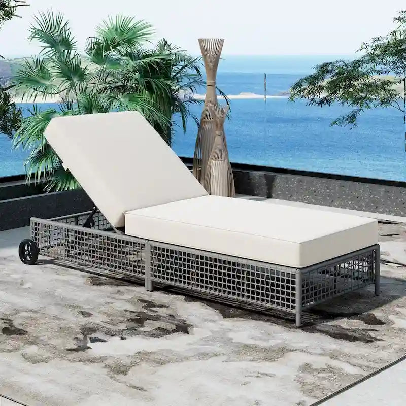 5-Position Rattan Patio Lounge Chair with Wheels, Cushion for Backyard