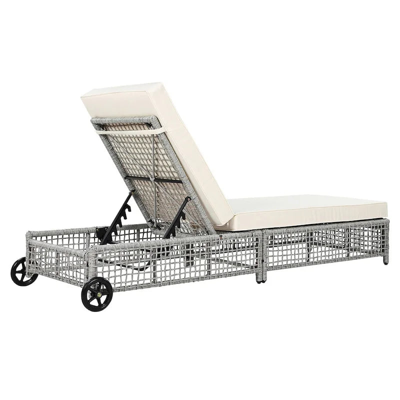 5-Position Rattan Patio Lounge Chair with Wheels, Cushion for Backyard