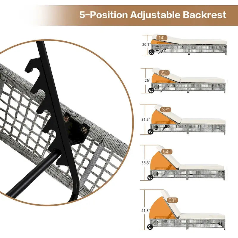 5-Position Rattan Patio Lounge Chair with Wheels, Cushion for Backyard