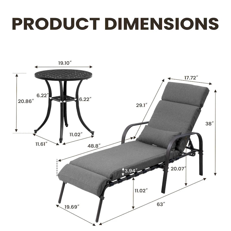 Outdoor Adjustable Patio Chaise Lounge Chair with Side Table Cushion