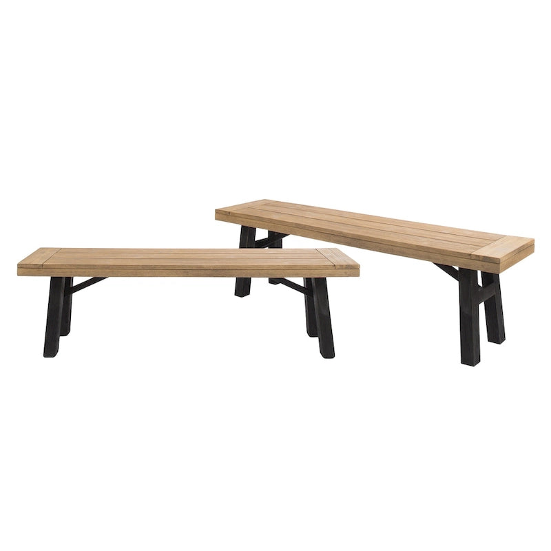 Wren Outdoor Bench Set of 2, Slat Panel, 63 Inch Brown Acacia Wood