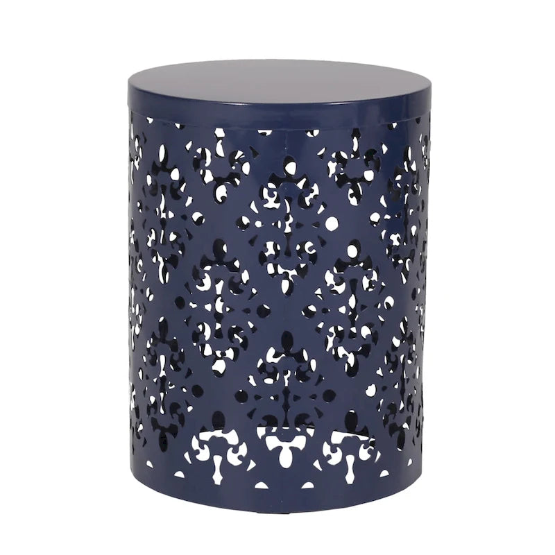 Kemo Outdoor End Table Set of 2, Round Top, Cutout Design, Navy Blue