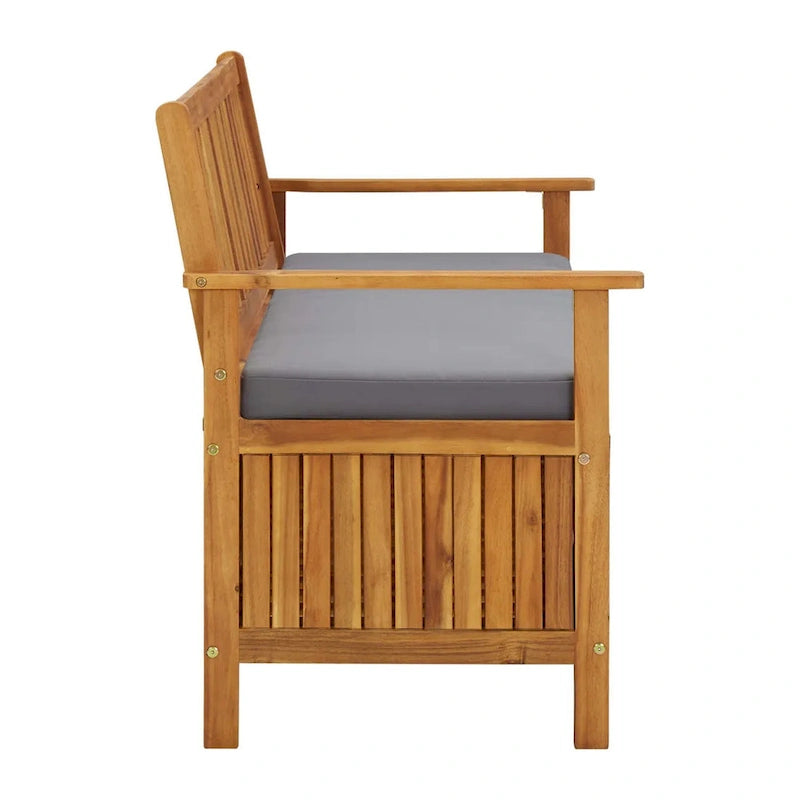 Outdoor Storage Bench, Brown Solid Acacia Wood, Gray Fabric, 47 Inch