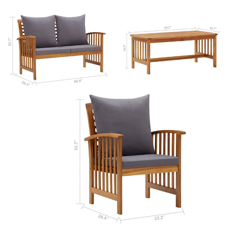5pc Outdoor Lounge Set, Coffee Table, Chairs, Sofa, Brown Acacia Wood