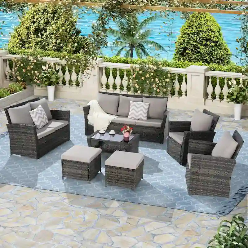 7 Piece Outdoor PE Rattan Sectional Sofa Set, Patio Conversation Furniture Set with Coffee Table and 2 Footstool