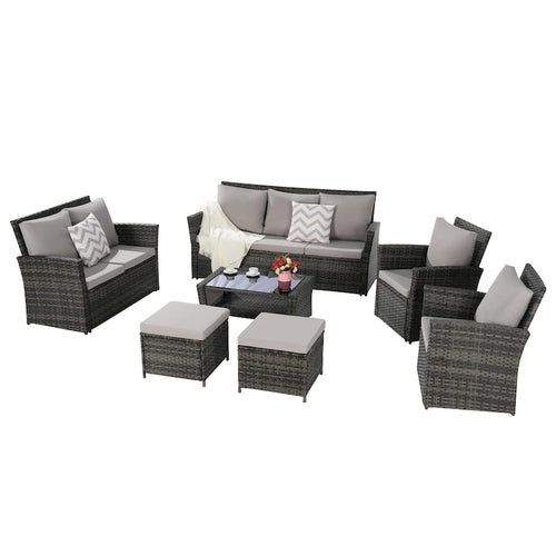 7 Piece Outdoor PE Rattan Sectional Sofa Set, Patio Conversation Furniture Set with Coffee Table and 2 Footstool