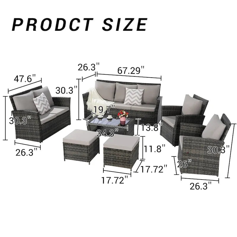 7 Piece Outdoor PE Rattan Sectional Sofa Set, Patio Conversation Furniture Set with Coffee Table and 2 Footstool