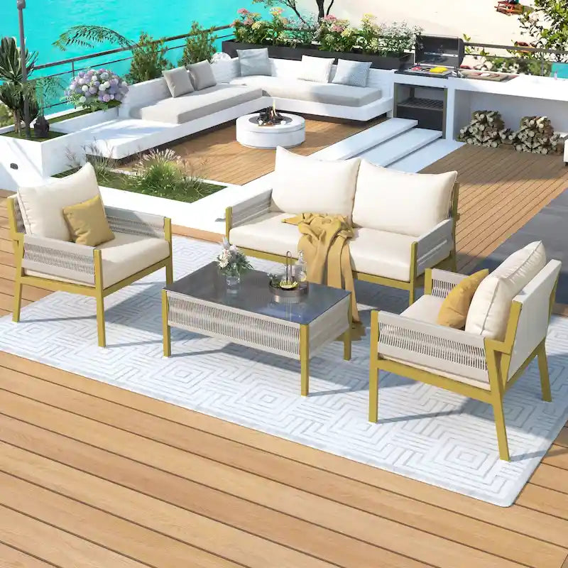 4-Piece Patio Furniture Set, Outdoor Garden Conversation Set with Tempered Glass Table, Deep Seating and Thick Cushion