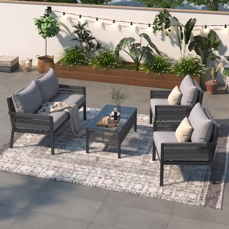 4-Piece Patio Furniture Set, Outdoor Garden Conversation Set with Tempered Glass Table, Deep Seating and Thick Cushion