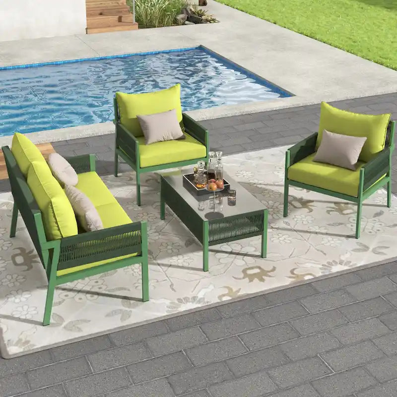 4-Piece Patio Furniture Set, Outdoor Garden Conversation Set with Tempered Glass Table, Deep Seating and Thick Cushion