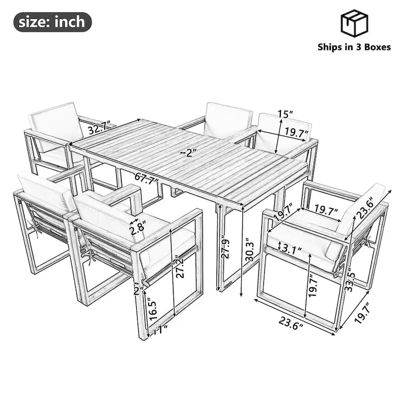 7 Pcs Outdoor Acacia Wood Dining and Chair Set, Wood Dining Table with Umbrella Hole, Chair with Removable Cushions