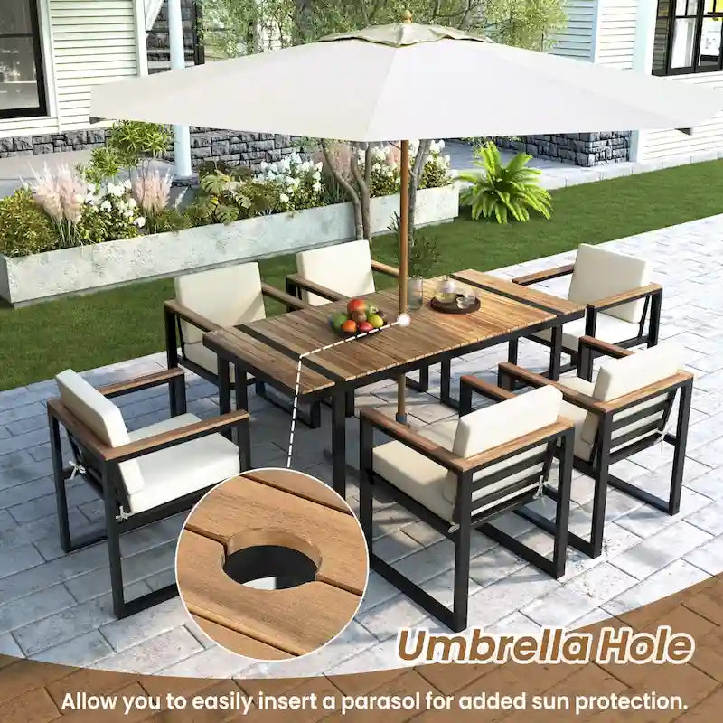 7 Pcs Outdoor Acacia Wood Dining and Chair Set, Wood Dining Table with Umbrella Hole, Chair with Removable Cushions