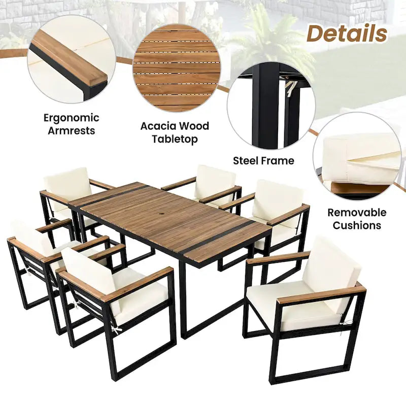 7 Pcs Outdoor Acacia Wood Dining and Chair Set, Wood Dining Table with Umbrella Hole, Chair with Removable Cushions