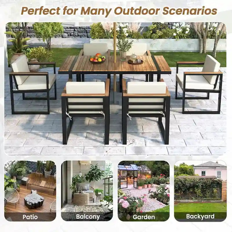 7 Pcs Outdoor Acacia Wood Dining and Chair Set, Wood Dining Table with Umbrella Hole, Chair with Removable Cushions