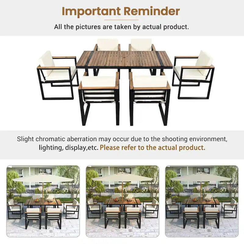 7 Pcs Outdoor Acacia Wood Dining and Chair Set, Wood Dining Table with Umbrella Hole, Chair with Removable Cushions