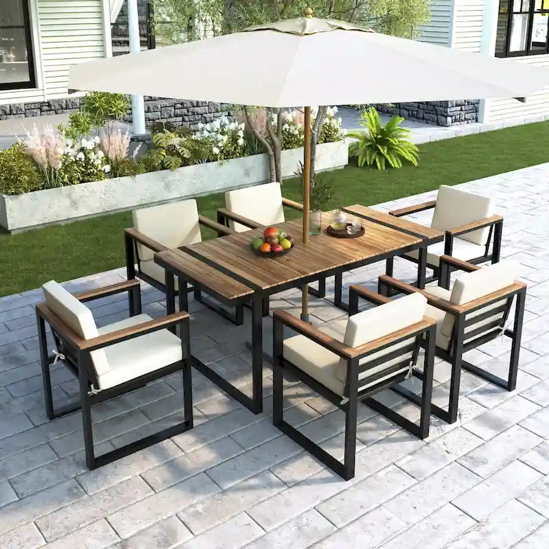 7 Pcs Outdoor Acacia Wood Dining and Chair Set, Wood Dining Table with Umbrella Hole, Chair with Removable Cushions