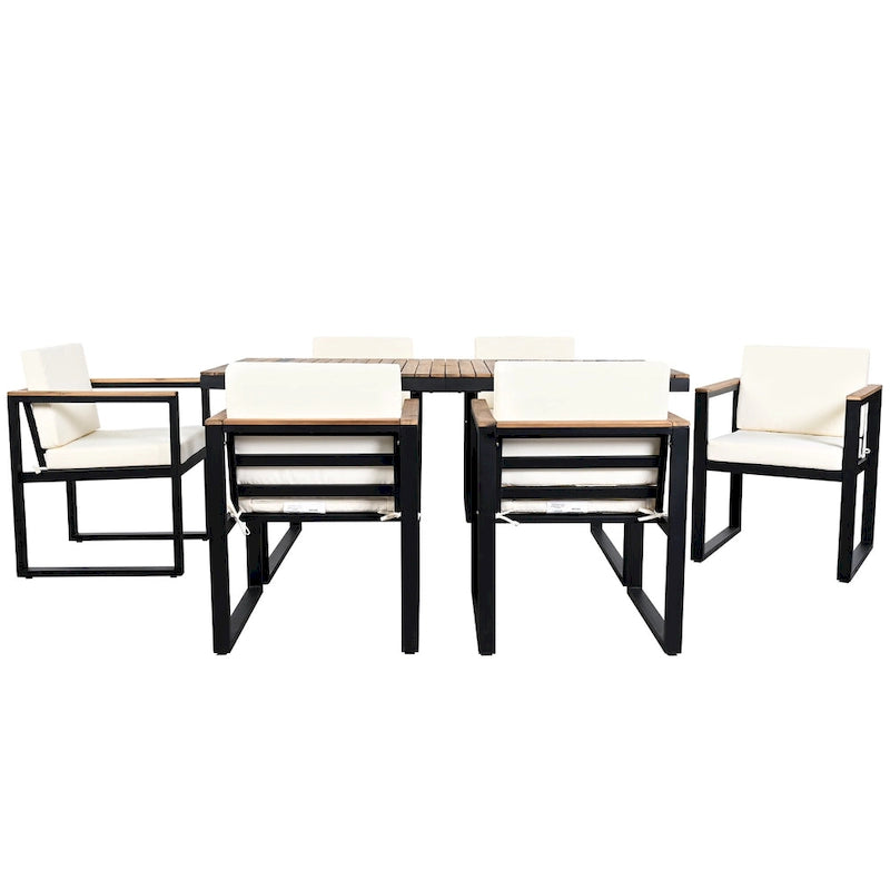 7 Pcs Outdoor Acacia Wood Dining and Chair Set, Wood Dining Table with Umbrella Hole, Chair with Removable Cushions