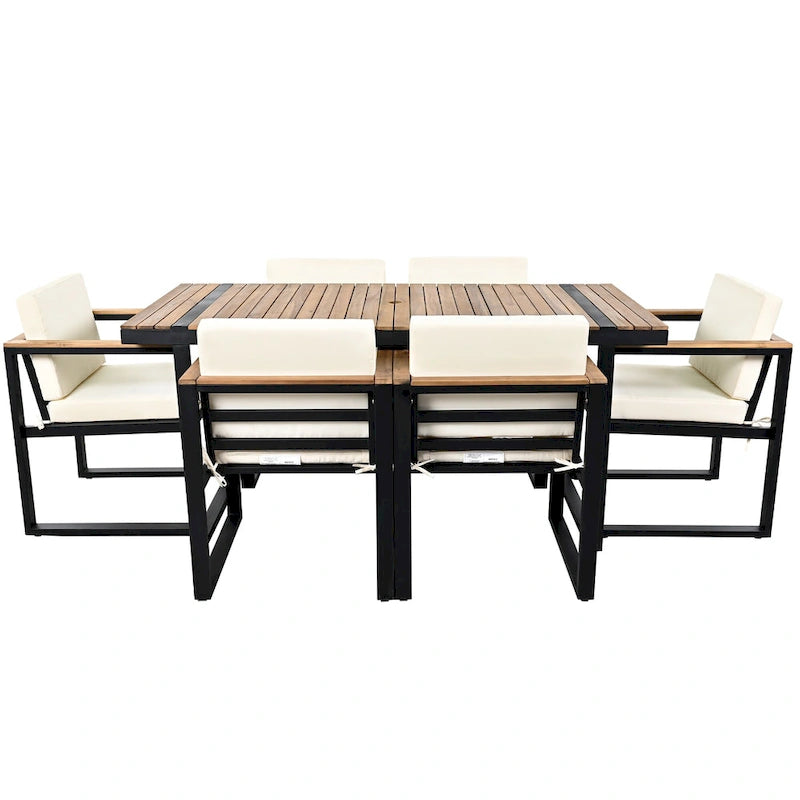 7 Pcs Outdoor Acacia Wood Dining and Chair Set, Wood Dining Table with Umbrella Hole, Chair with Removable Cushions