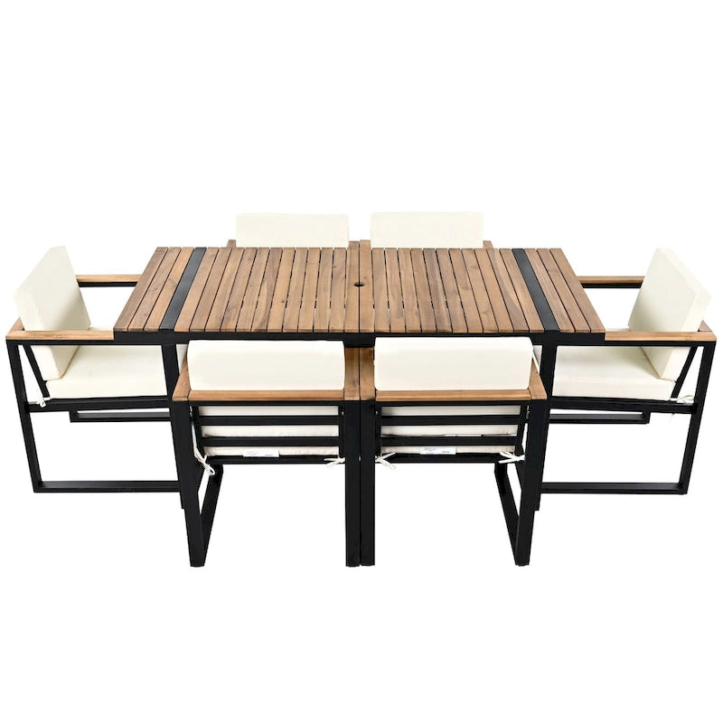 7 Pcs Outdoor Acacia Wood Dining and Chair Set, Wood Dining Table with Umbrella Hole, Chair with Removable Cushions