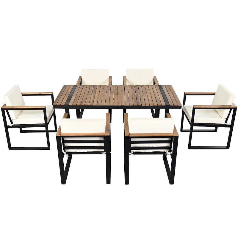 7 Pcs Outdoor Acacia Wood Dining and Chair Set, Wood Dining Table with Umbrella Hole, Chair with Removable Cushions