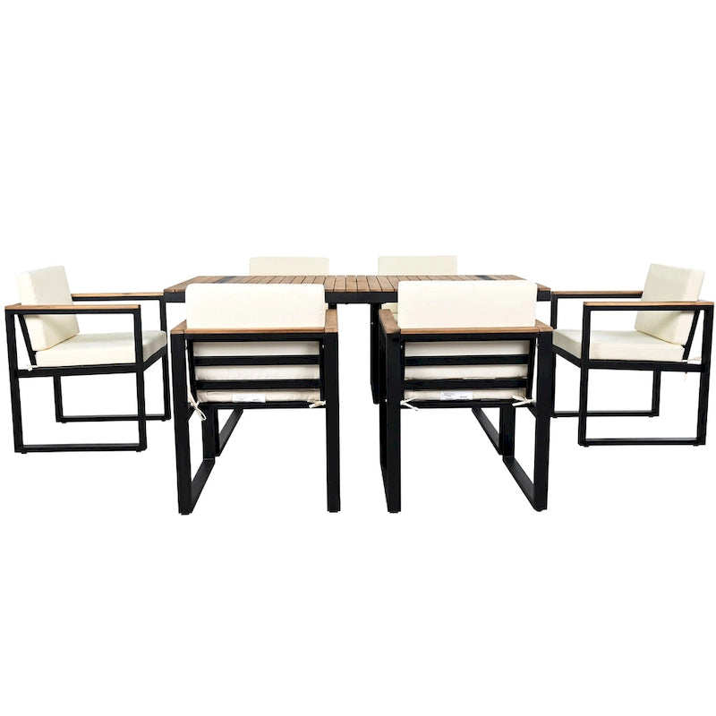 7 Pcs Outdoor Acacia Wood Dining and Chair Set, Wood Dining Table with Umbrella Hole, Chair with Removable Cushions