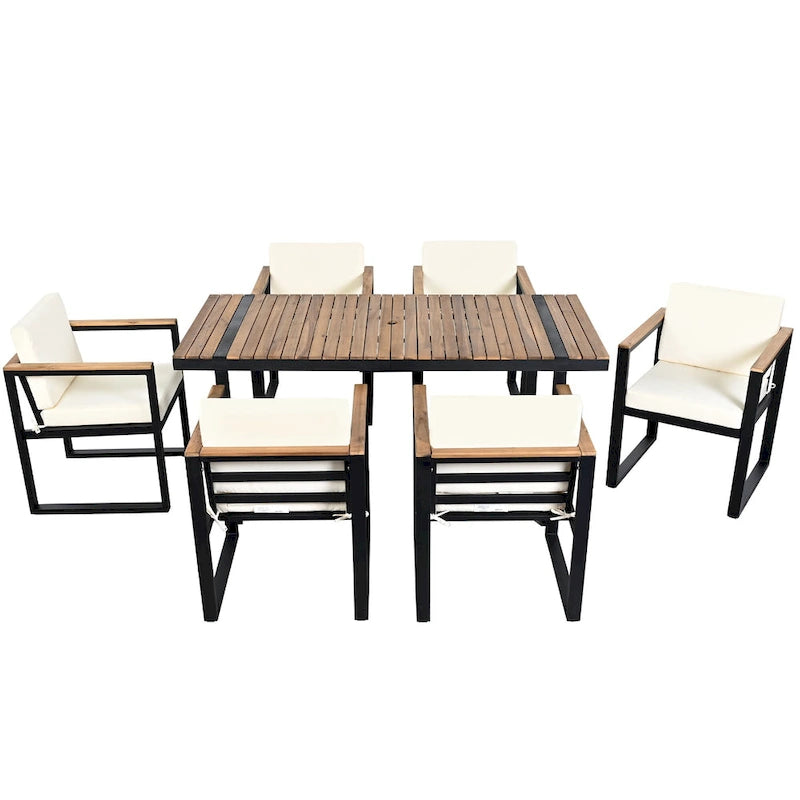 7 Pcs Outdoor Acacia Wood Dining and Chair Set, Wood Dining Table with Umbrella Hole, Chair with Removable Cushions