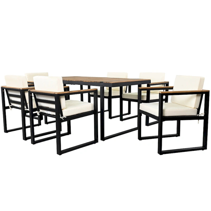 7 Pcs Outdoor Acacia Wood Dining and Chair Set, Wood Dining Table with Umbrella Hole, Chair with Removable Cushions