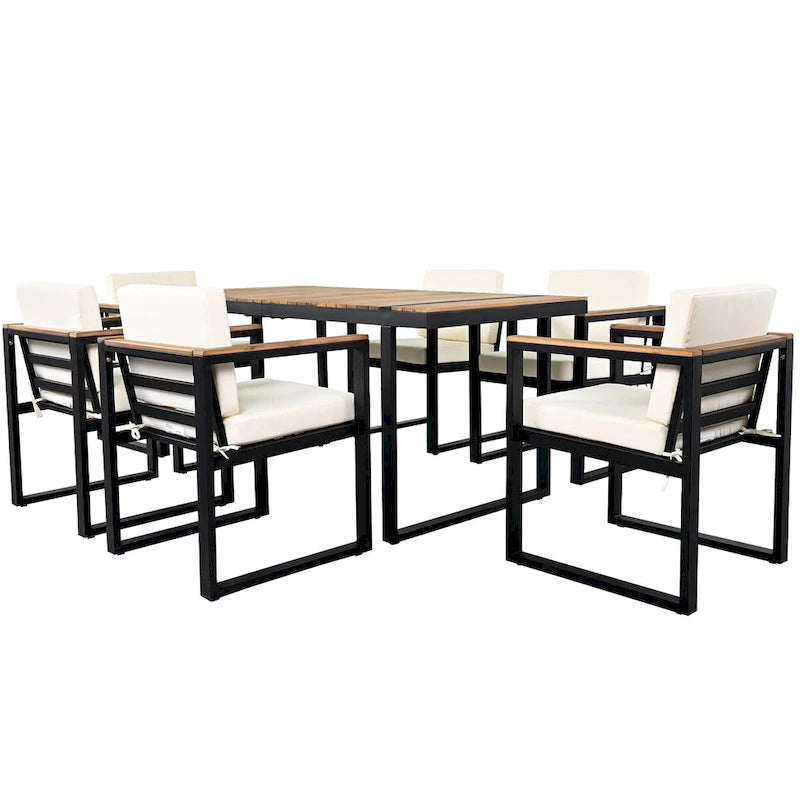 7 Pcs Outdoor Acacia Wood Dining and Chair Set, Wood Dining Table with Umbrella Hole, Chair with Removable Cushions