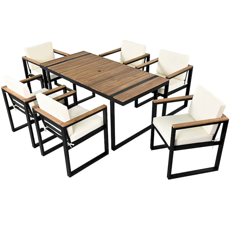 7 Pcs Outdoor Acacia Wood Dining and Chair Set, Wood Dining Table with Umbrella Hole, Chair with Removable Cushions