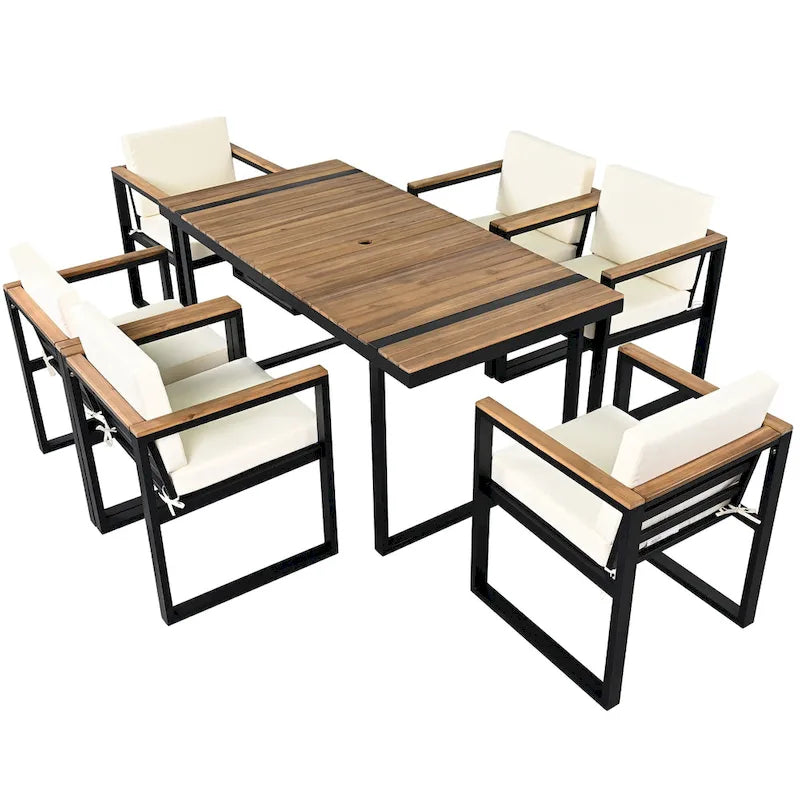 7 Pcs Outdoor Acacia Wood Dining and Chair Set, Wood Dining Table with Umbrella Hole, Chair with Removable Cushions