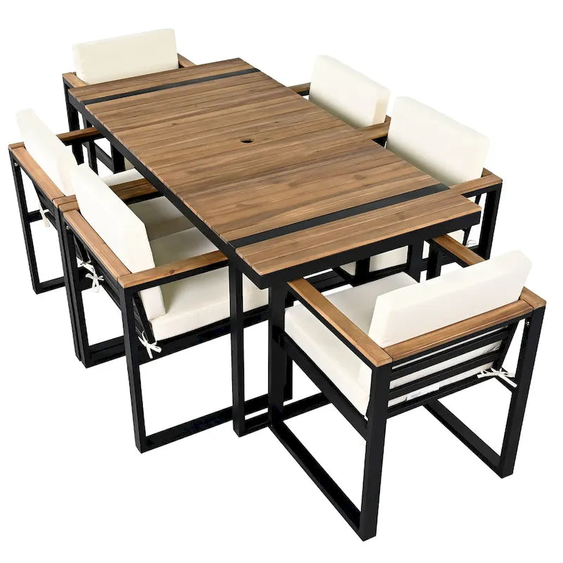 7 Pcs Outdoor Acacia Wood Dining and Chair Set, Wood Dining Table with Umbrella Hole, Chair with Removable Cushions