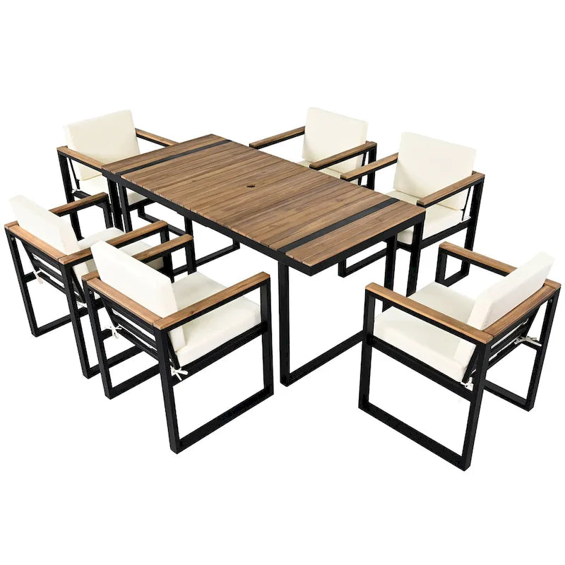 7 Pcs Outdoor Acacia Wood Dining and Chair Set, Wood Dining Table with Umbrella Hole, Chair with Removable Cushions