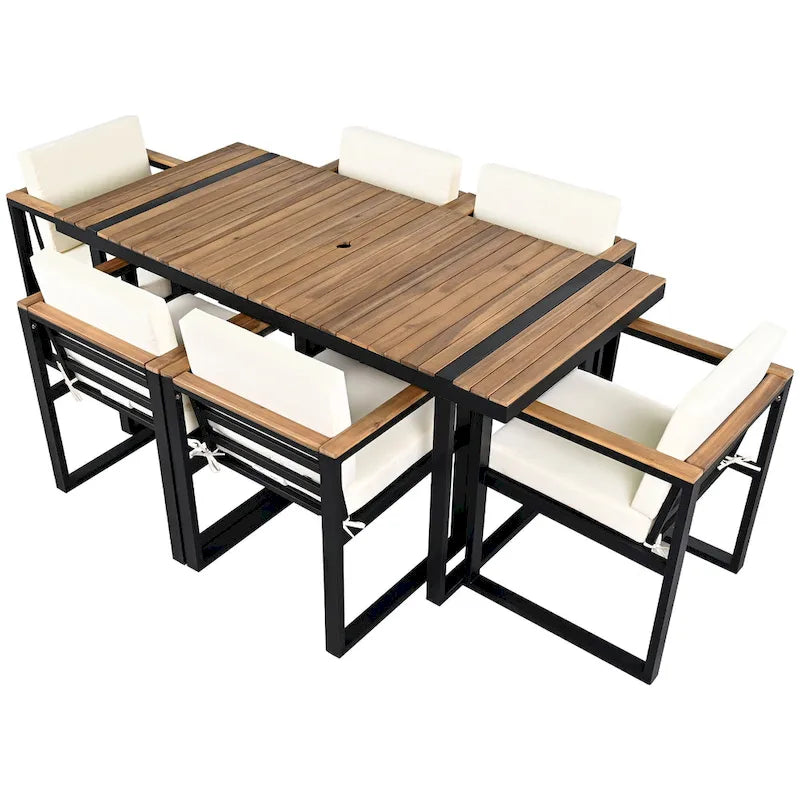 7 Pcs Outdoor Acacia Wood Dining and Chair Set, Wood Dining Table with Umbrella Hole, Chair with Removable Cushions