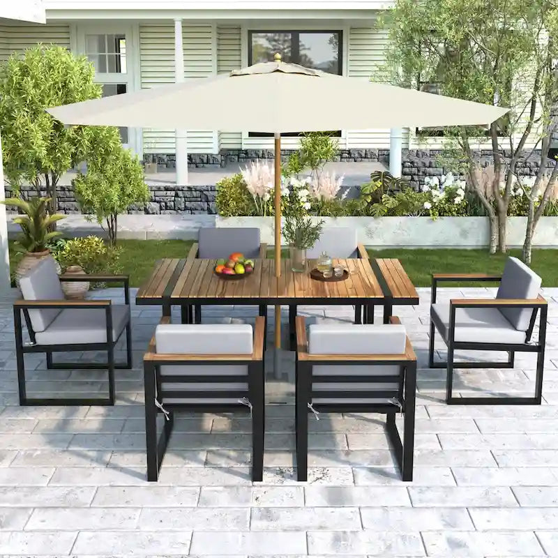 7 Pcs Outdoor Acacia Wood Dining and Chair Set, Wood Dining Table with Umbrella Hole, Chair with Removable Cushions