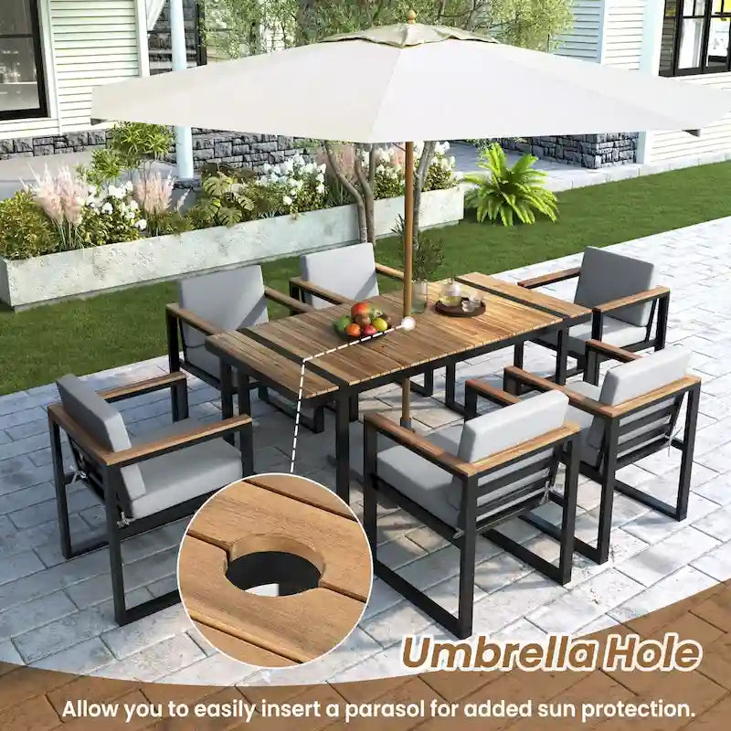 7 Pcs Outdoor Acacia Wood Dining and Chair Set, Wood Dining Table with Umbrella Hole, Chair with Removable Cushions