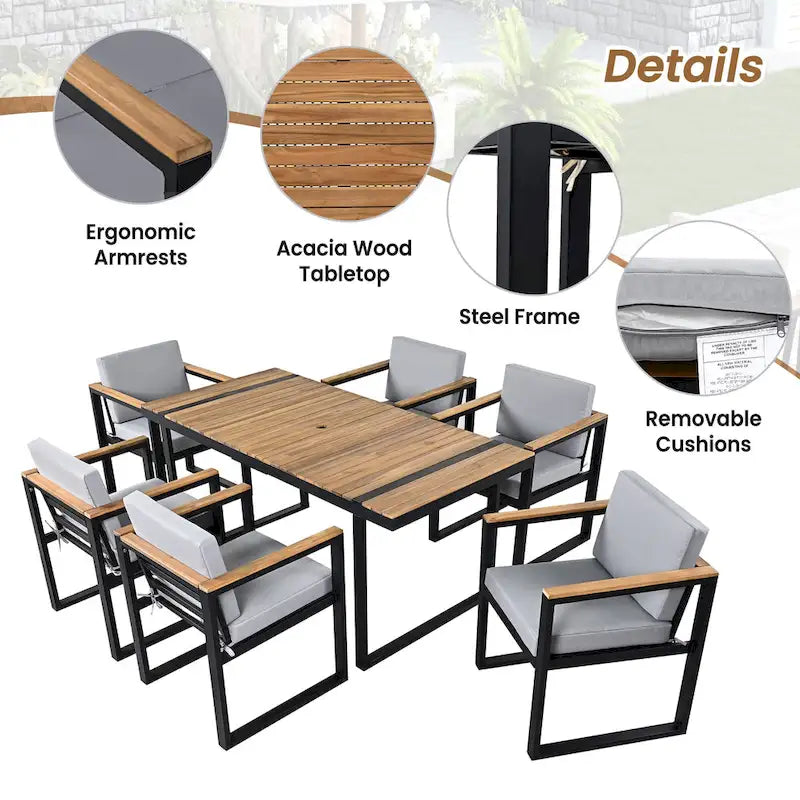 7 Pcs Outdoor Acacia Wood Dining and Chair Set, Wood Dining Table with Umbrella Hole, Chair with Removable Cushions