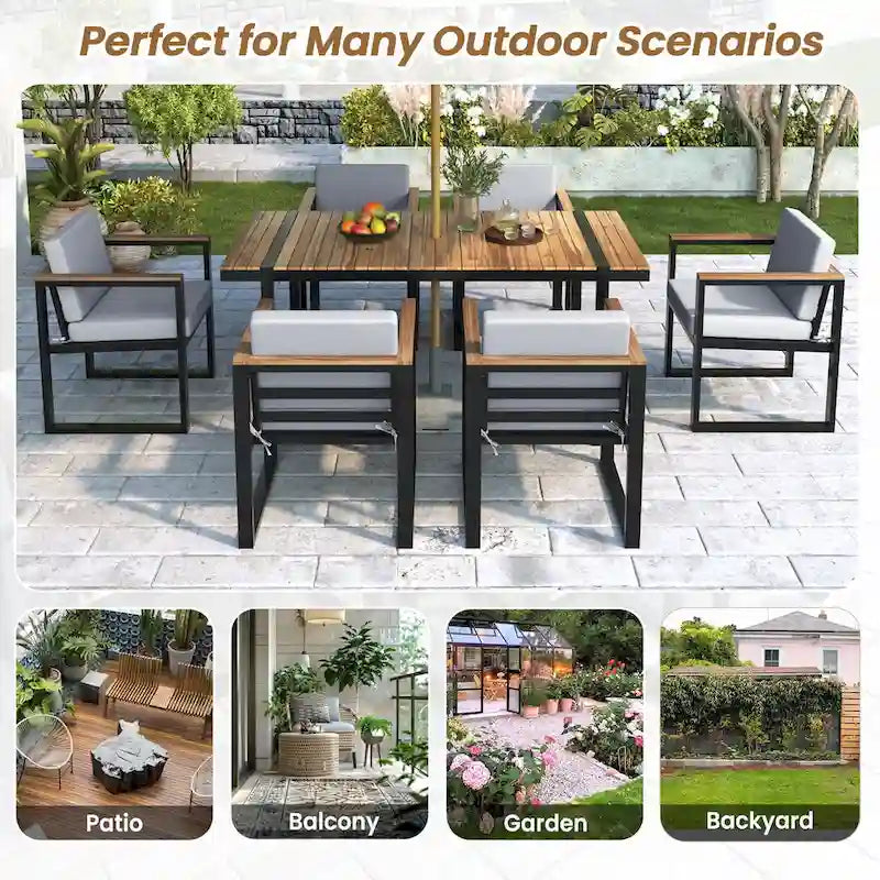 7 Pcs Outdoor Acacia Wood Dining and Chair Set, Wood Dining Table with Umbrella Hole, Chair with Removable Cushions