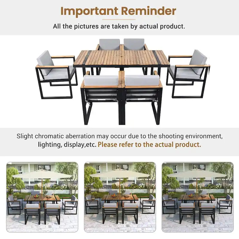 7 Pcs Outdoor Acacia Wood Dining and Chair Set, Wood Dining Table with Umbrella Hole, Chair with Removable Cushions