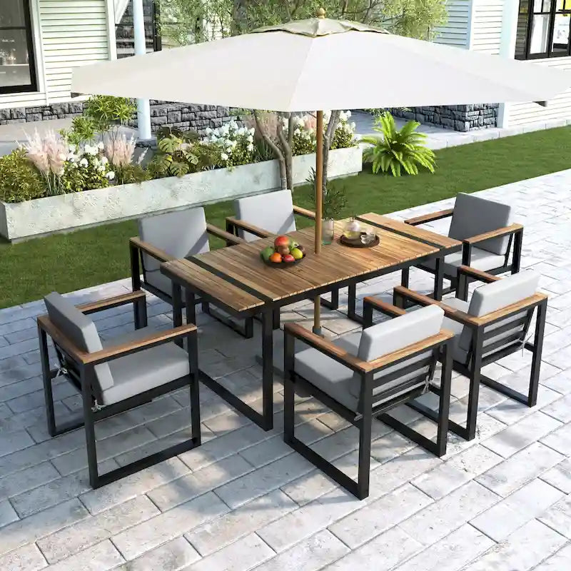 7 Pcs Outdoor Acacia Wood Dining and Chair Set, Wood Dining Table with Umbrella Hole, Chair with Removable Cushions