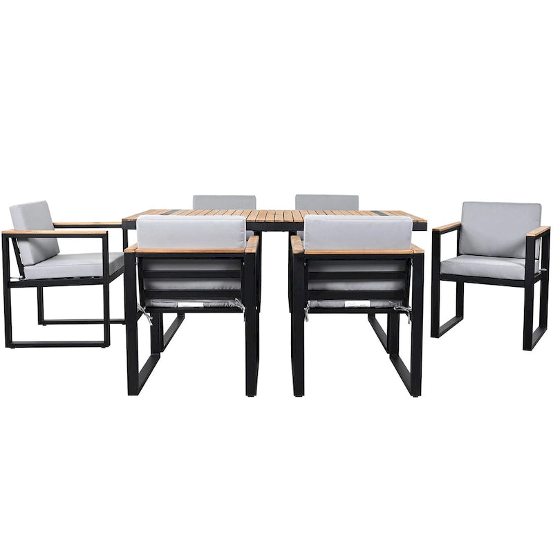 7 Pcs Outdoor Acacia Wood Dining and Chair Set, Wood Dining Table with Umbrella Hole, Chair with Removable Cushions