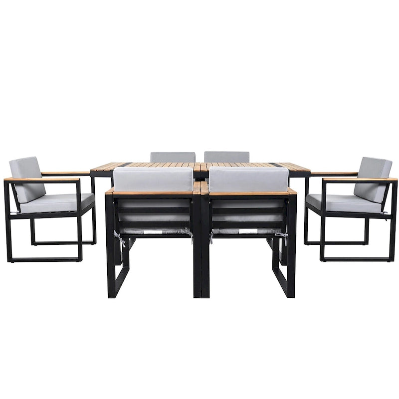 7 Pcs Outdoor Acacia Wood Dining and Chair Set, Wood Dining Table with Umbrella Hole, Chair with Removable Cushions