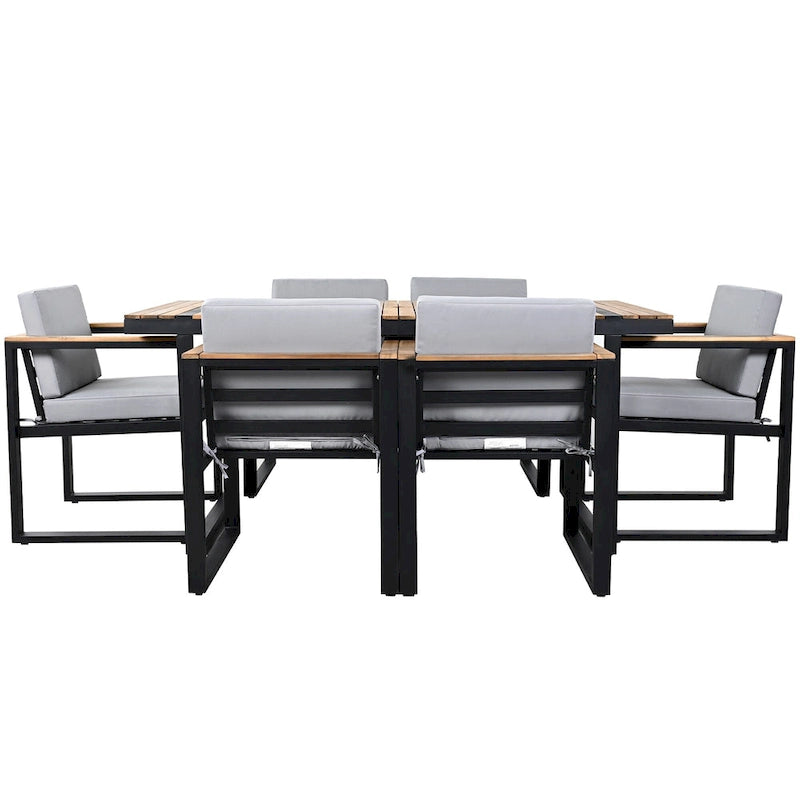 7 Pcs Outdoor Acacia Wood Dining and Chair Set, Wood Dining Table with Umbrella Hole, Chair with Removable Cushions