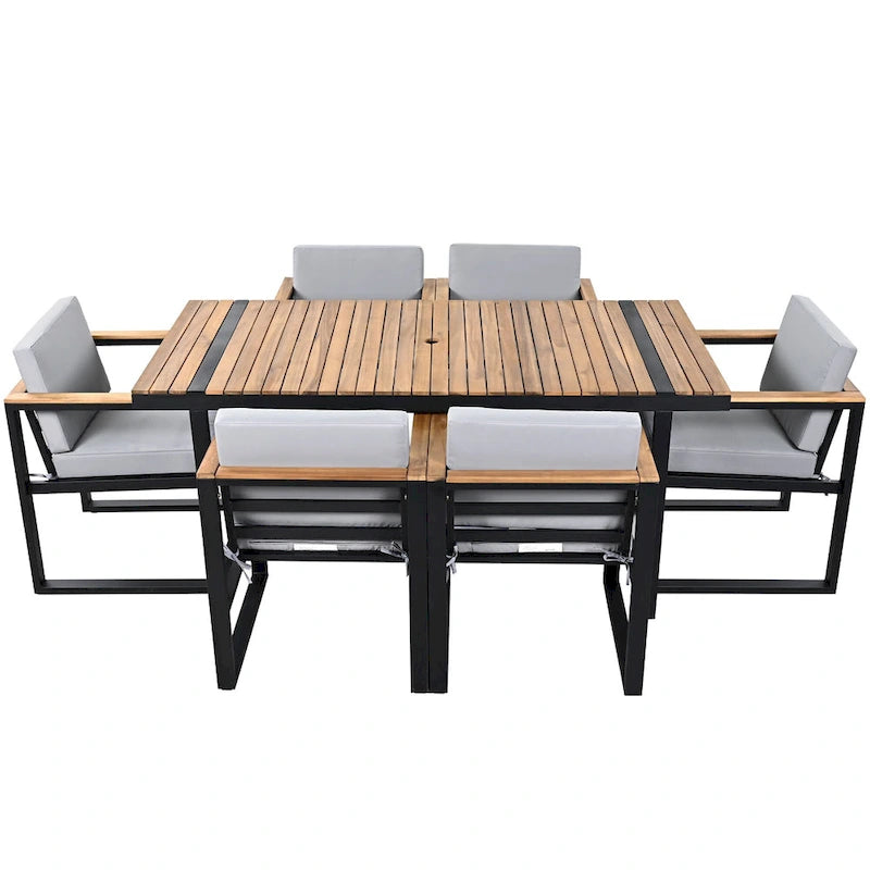 7 Pcs Outdoor Acacia Wood Dining and Chair Set, Wood Dining Table with Umbrella Hole, Chair with Removable Cushions