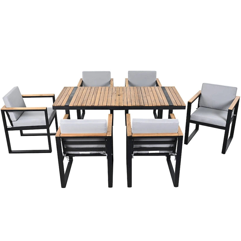 7 Pcs Outdoor Acacia Wood Dining and Chair Set, Wood Dining Table with Umbrella Hole, Chair with Removable Cushions