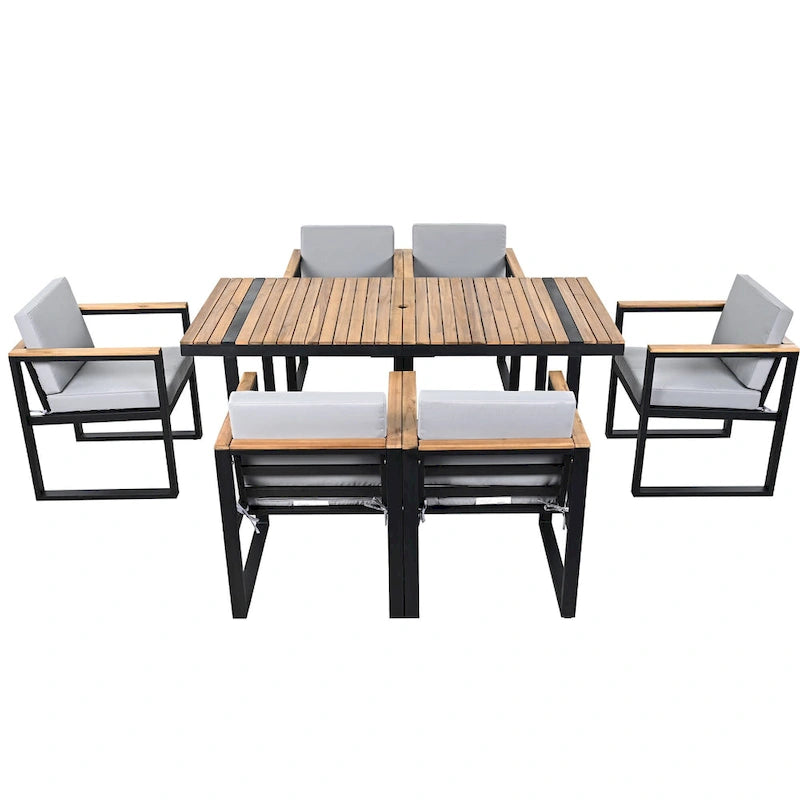 7 Pcs Outdoor Acacia Wood Dining and Chair Set, Wood Dining Table with Umbrella Hole, Chair with Removable Cushions