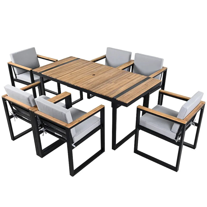 7 Pcs Outdoor Acacia Wood Dining and Chair Set, Wood Dining Table with Umbrella Hole, Chair with Removable Cushions