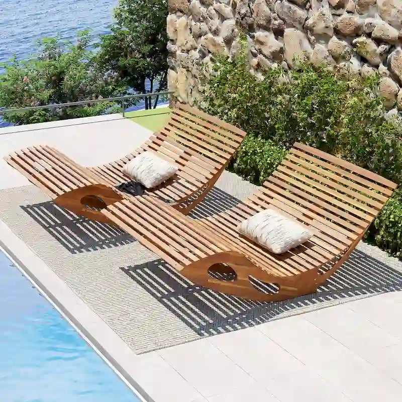 Gymax 2PCS Outdoor Double Chaise Lounge for 2 w/ High Back Slatted